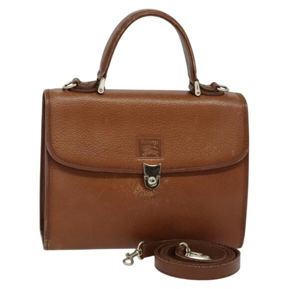 Burberrys Hand Bag Leather 2way Brown Gold Auth BA2959 - Picture 1 of 16